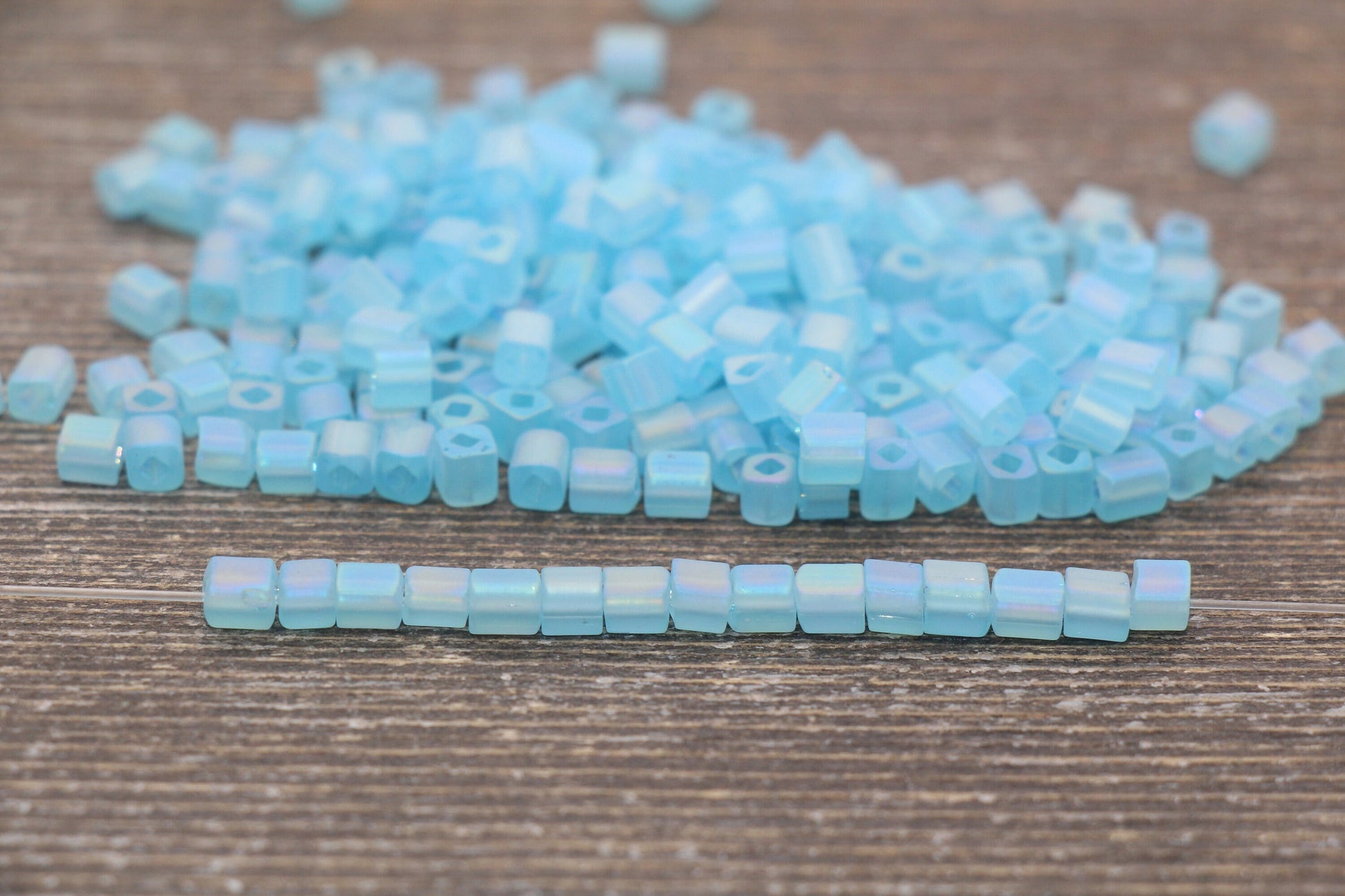 Matte Square Glass Seed Beads, 4mm Cube Glass Beads, Frosted Light Blue AB Square Seed Beads, Iridescent Glass Beads, Beading Supplies #2106