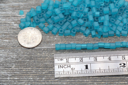 Matte Square Glass Seed Beads, 4mm Cube Glass Beads, Frosted Translucent Teal Square Seed Beads, Beading Supplies #2110