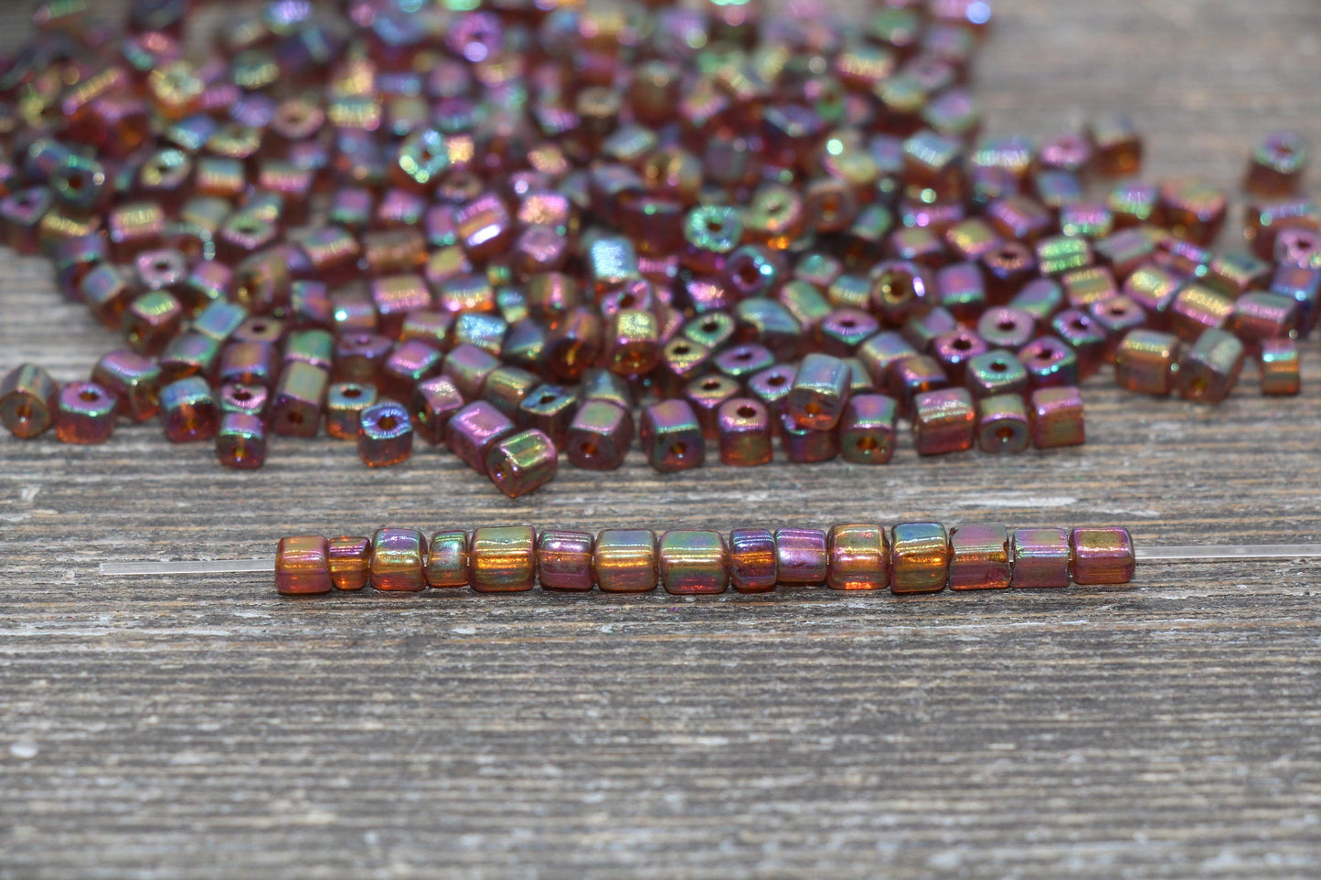 Iridescent Square Glass Beads, 4mm Cube Glass Beads, Sparkle Glass Beads, Transparent Brown AB Square Seed Beads, Beading Supplies #2115