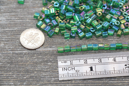 Iridescent Square Glass Beads, 4mm Cube Glass Beads, Sparkle Glass Beads, Transparent Green AB Square Seed Beads, Beading Supplies #2116