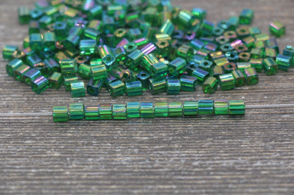 Iridescent Square Glass Beads, 4mm Cube Glass Beads, Sparkle Glass Beads, Transparent Green AB Square Seed Beads, Beading Supplies #2116