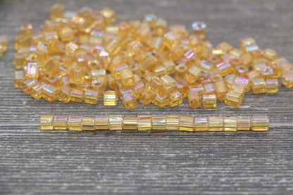 Iridescent Square Glass Beads, 4mm Cube Glass Beads, Sparkle Glass Beads, Transparent Orange AB Square Seed Beads, Beading Supplies #2119