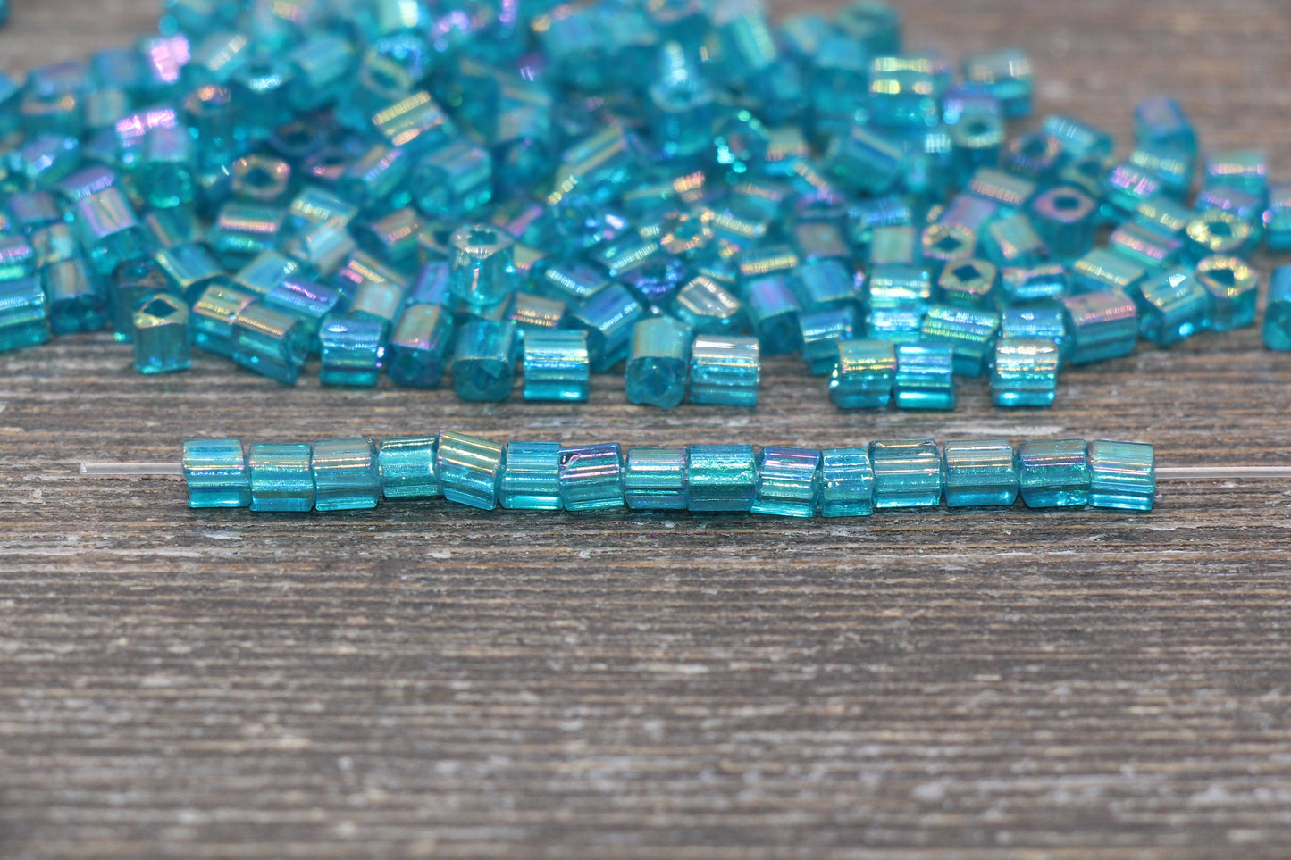 Iridescent Square Glass Beads, 4mm Cube Glass Beads, Sparkle Glass Beads, Transparent Teal AB Square Seed Beads, Beading Supplies #2121