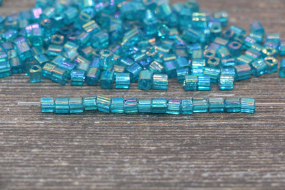 Iridescent Square Glass Beads, 4mm Cube Glass Beads, Sparkle Glass Beads, Transparent Teal AB Square Seed Beads, Beading Supplies #2121