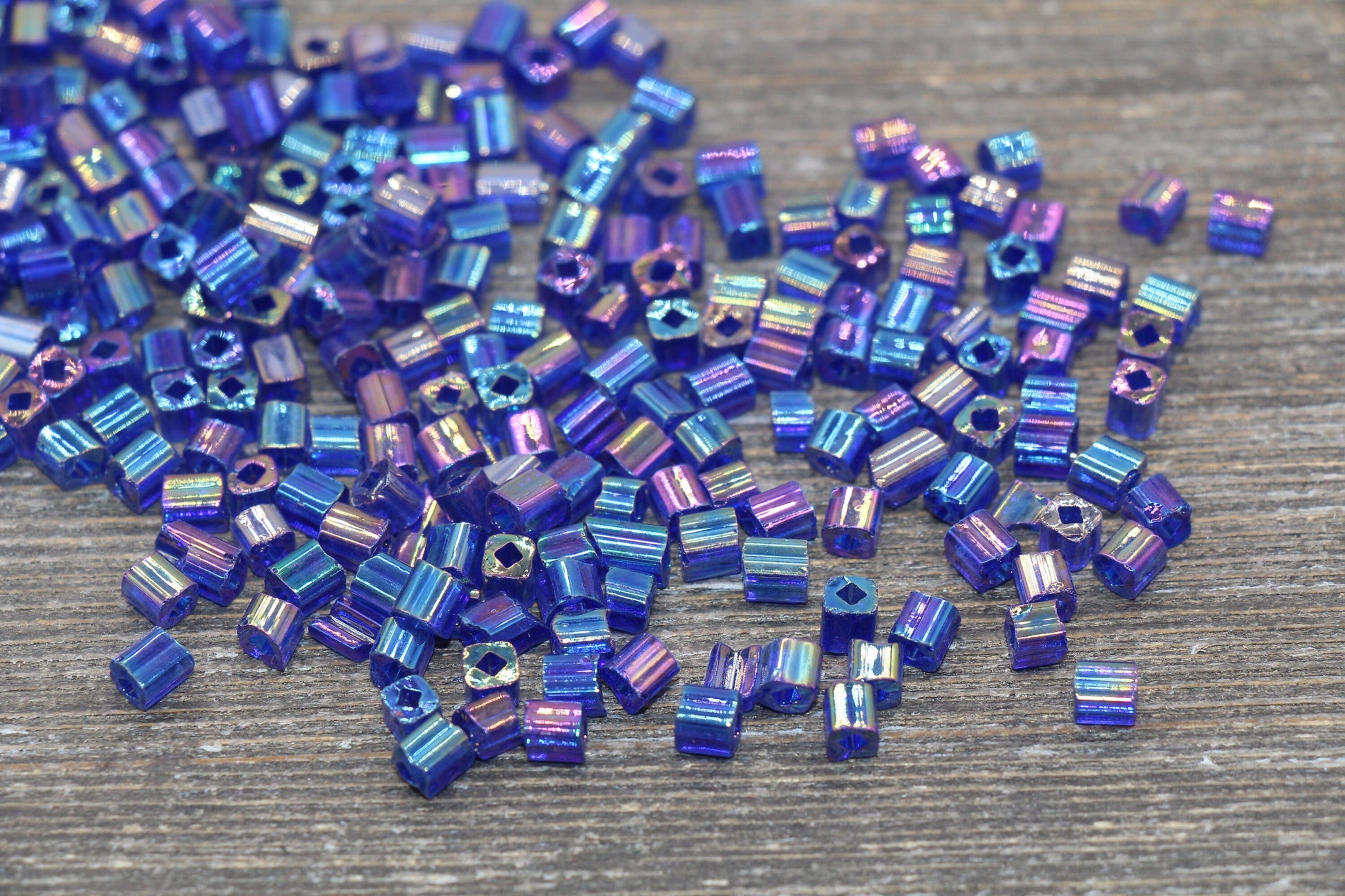 Iridescent Square Glass Beads, 4mm Cube Glass Beads, Sparkle Glass Beads, Transparent Royal Blue AB Square Beads, Beading Supplies #2122