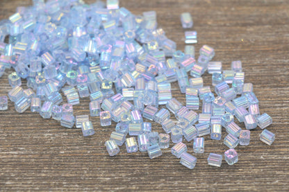 Iridescent Square Glass Beads, 4mm Cube Glass Beads, Sparkle Glass Bead, Transparent Ice Blue AB Square Seed Beads, Beading Supplies #2124