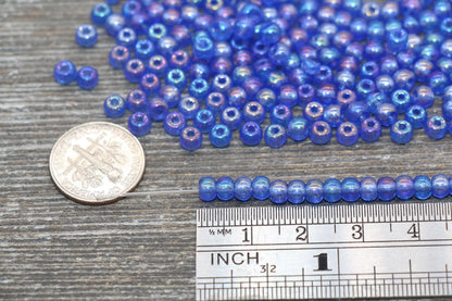 Round Transparent Iridescent Glass Beads, 4mm Glass Round Seed Beads, Blue AB Trans Seed Beads, Beading Supplies #2139