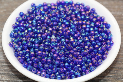 Round Transparent Iridescent Glass Beads, 4mm Glass Round Seed Beads, Royal Blue AB Trans Seed Beads, Beading Supplies #2140