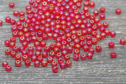 Round Transparent Iridescent Glass Beads, 4mm Glass Round Seed Beads, Red AB Trans Seed Beads, Beading Supplies #2142