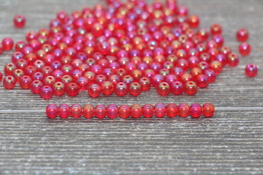 Round Transparent Iridescent Glass Beads, 4mm Glass Round Seed Beads, Red AB Trans Seed Beads, Beading Supplies #2142