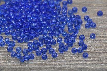 Round Transparent Glass Beads, 4mm Glass Round Seed Beads, Royal Blue Trans Seed Beads, Beading Supplies #2145