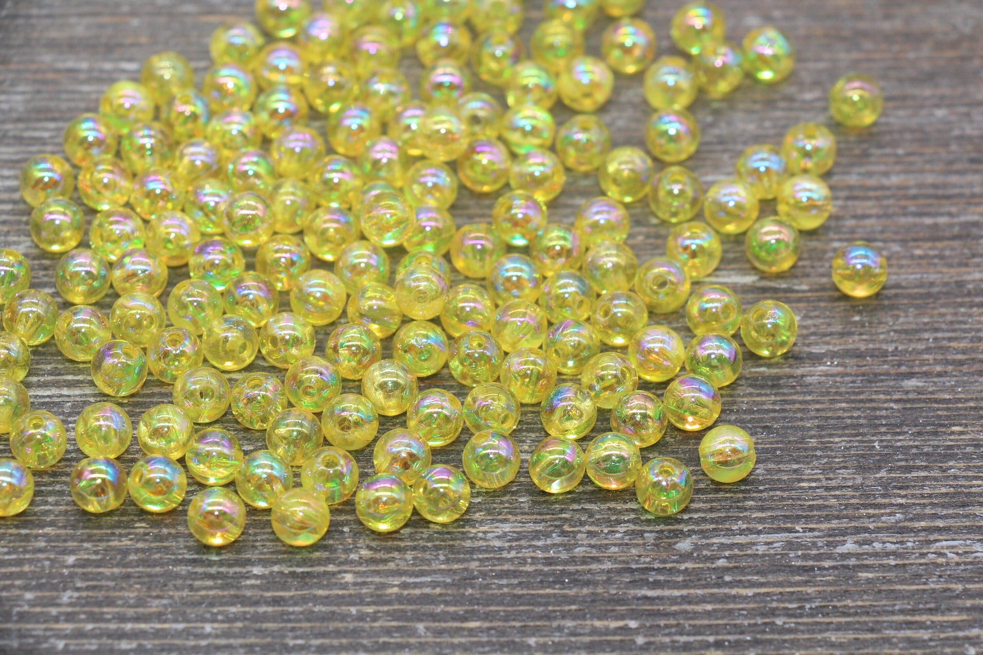 6mm Yellow AB Round Beads, Iridescent Acrylic Gumball Beads, Transparent Round Spacer Beads, Bubblegum Beads, Plastic Round Bead #2212