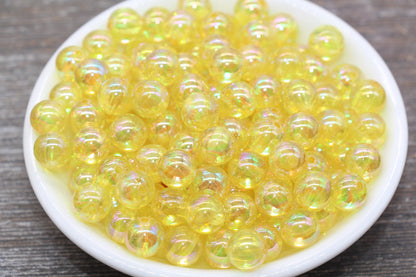 10mm Yellow AB Round Beads, Iridescent Purple Acrylic Gumball Beads, Translucent Round Beads, Bubblegum Beads, Plastic Round Bead #2214