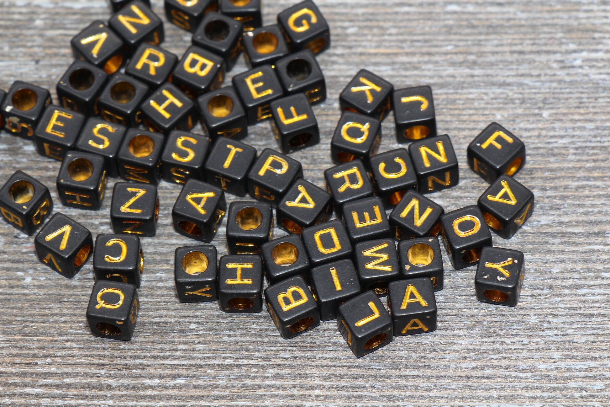 Gold and Black Cube Alphabet Letter Beads, Gold Acrylic Letter Beads, Plastic Letter Beads, Acrylic Square Name Beads, Size 6mm #62