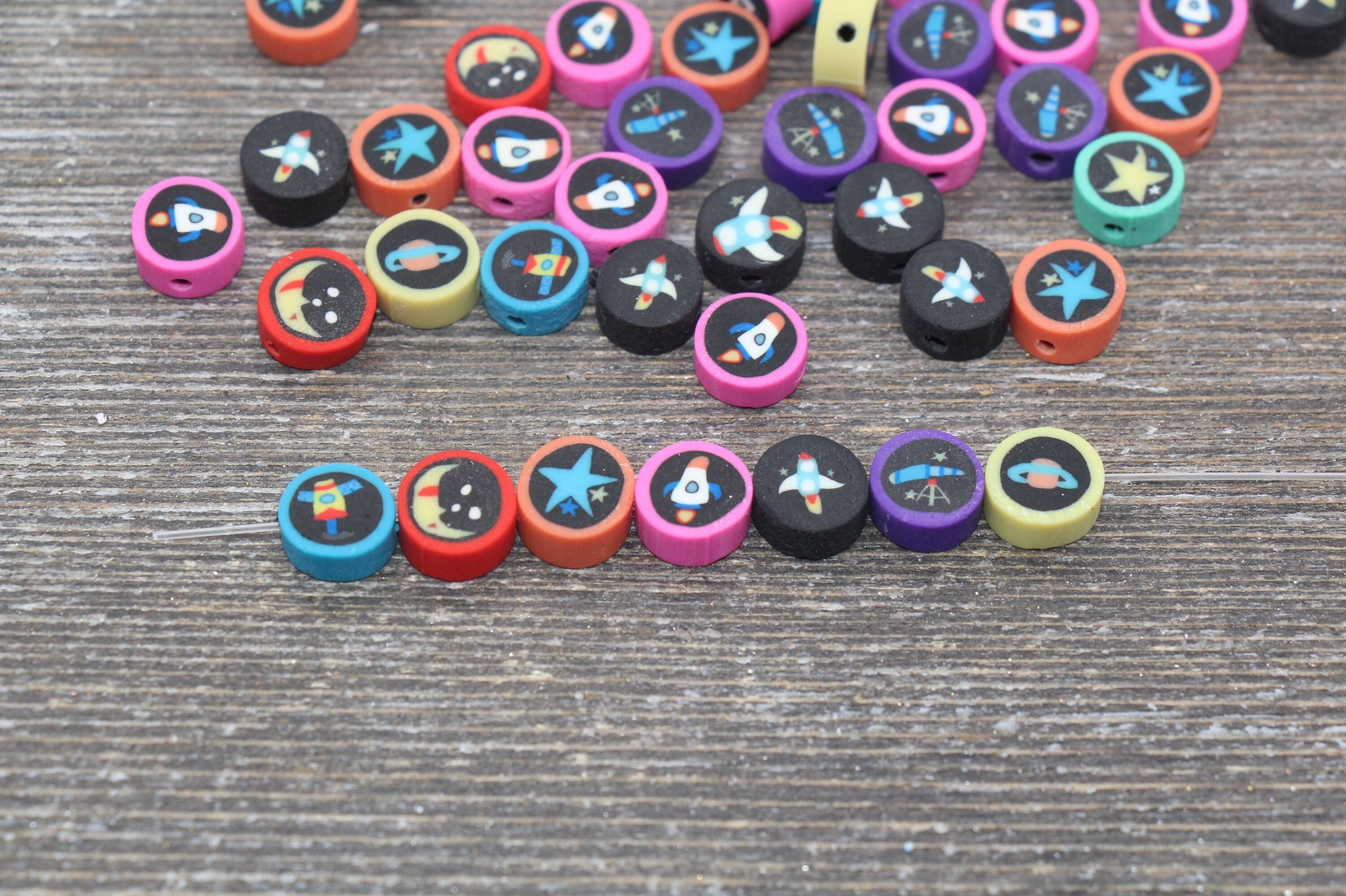 Outer Space Polymer Clay Beads, Space Universe Fimo Cane Beads, Rocket Clay Beads, Planet Beads, Spaceship Beads #67