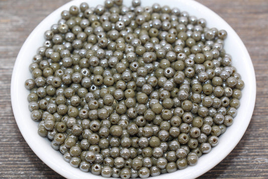 Round Olive Green Glossy Glass Beads, 4mm Glass Round Seed Beads, Glossy Olive Green Opaque Seed Beads, Beading Supplies #2183