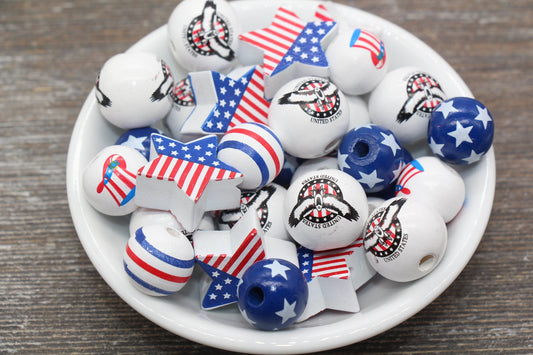 Patriotic Wood Bead Set, Red, White, and Blue Independent Day Beads, Craft Wooden Beads