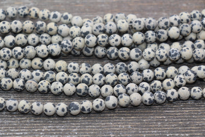 Matte Dalmatian Jasper Beads, Frosted Black Spotted Dot Gemstone Round Beads, Size 4mm 6mm 8mm 10mm 12mm #244