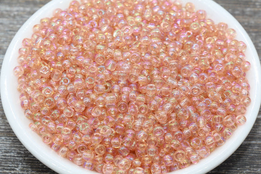 Transparent Iridescent Glass Seed Beads, 4mm 6/0 Glass Round Seed Beads, Peach AB Trans Seed Beads, Rocailles Beads, Beading Supplies #2250