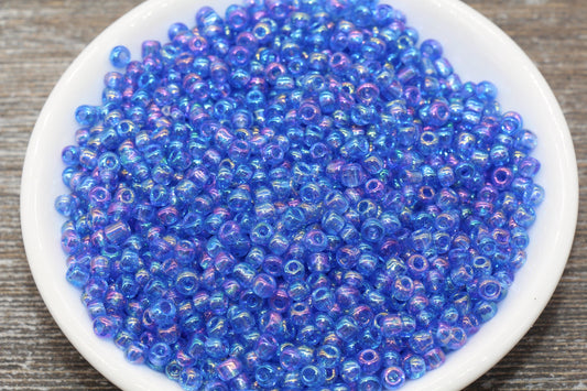 Transparent Iridescent Glass Seed Beads, 4mm 6/0 Glass Round Seed Beads, Blue AB Trans Seed Beads, Rocailles Beads, Beading Supplies #1143