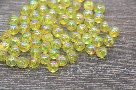 8mm Yellow AB Round Beads, Iridescent Acrylic Gumball Beads, Translucent Round Spacer Beads, Bubblegum Beads, Plastic Round Bead #2213