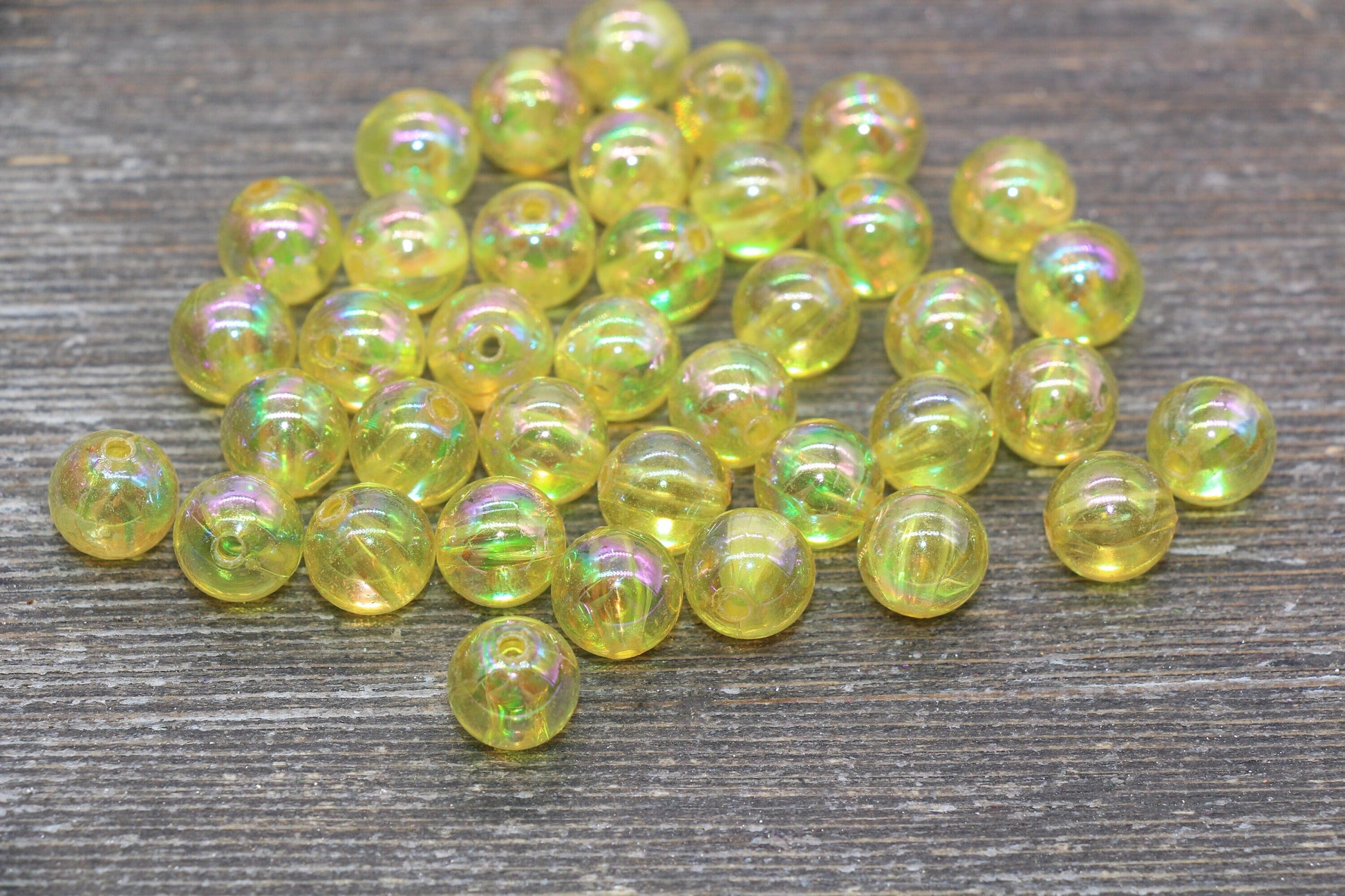 10mm Yellow AB Round Beads, Iridescent Purple Acrylic Gumball Beads, Translucent Round Beads, Bubblegum Beads, Plastic Round Bead #2214