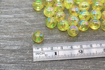 12mm Yellow AB Round Beads, Iridescent Acrylic Gumball Beads, Translucent Round Spacer Beads, Bubblegum Beads, Plastic Round Bead #2215