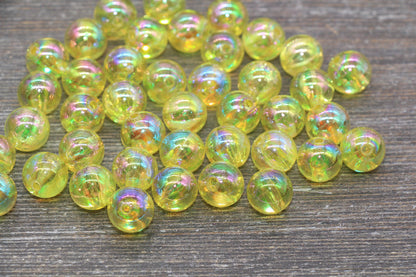 12mm Yellow AB Round Beads, Iridescent Acrylic Gumball Beads, Translucent Round Spacer Beads, Bubblegum Beads, Plastic Round Bead #2215