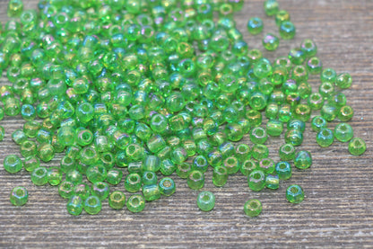 Green Transparent AB Glass Seed Beads, 4mm 6/0 Glass Round Beads, Rainbow Trans Seed Beads, Rocailles Beads, Beading Supplies #2253