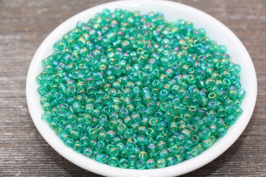 Green Transparent AB Glass Seed Beads, 4mm 6/0 Glass Round Beads, Rainbow Trans Seed Beads, Rocailles Beads, Beading Supplies #2254