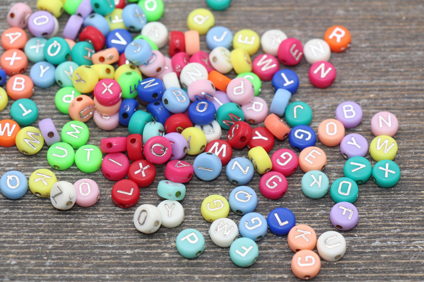 NEW COLOR! Multicolor Round Alphabet Letter Beads, Multicolored Beads with Silver Letters, Acrylic Round Name Beads, Size 7mm #204