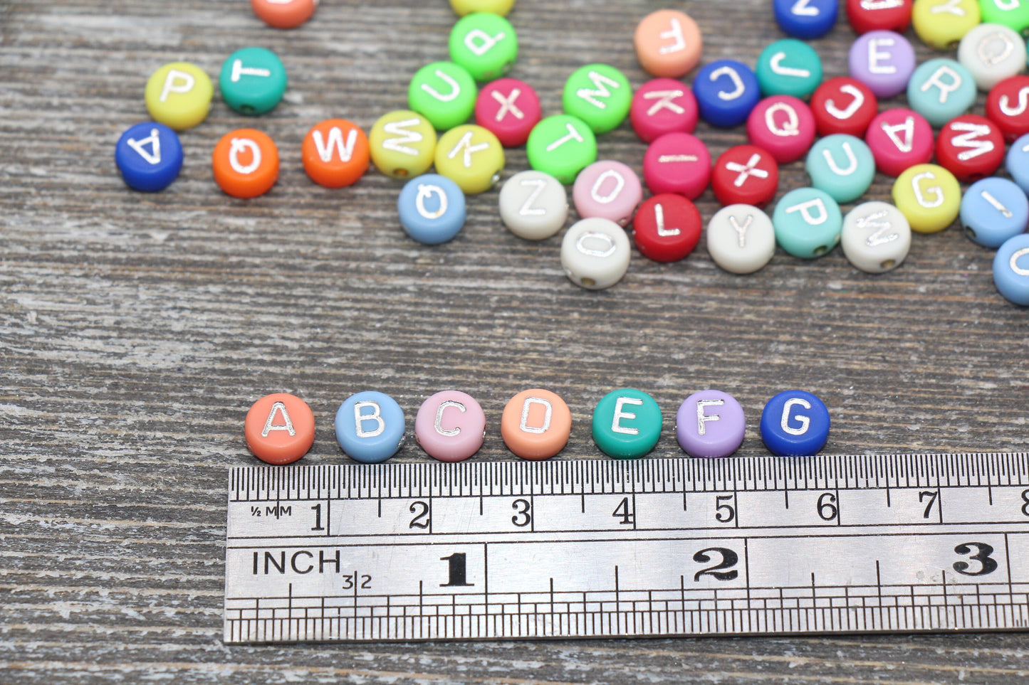 NEW COLOR! Multicolor Round Alphabet Letter Beads, Multicolored Beads with Silver Letters, Acrylic Round Name Beads, Size 7mm #204