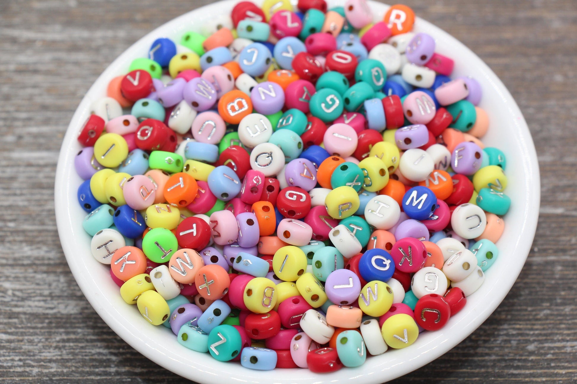 NEW COLOR! Multicolor Round Alphabet Letter Beads, Multicolored Beads with Silver Letters, Acrylic Round Name Beads, Size 7mm #204