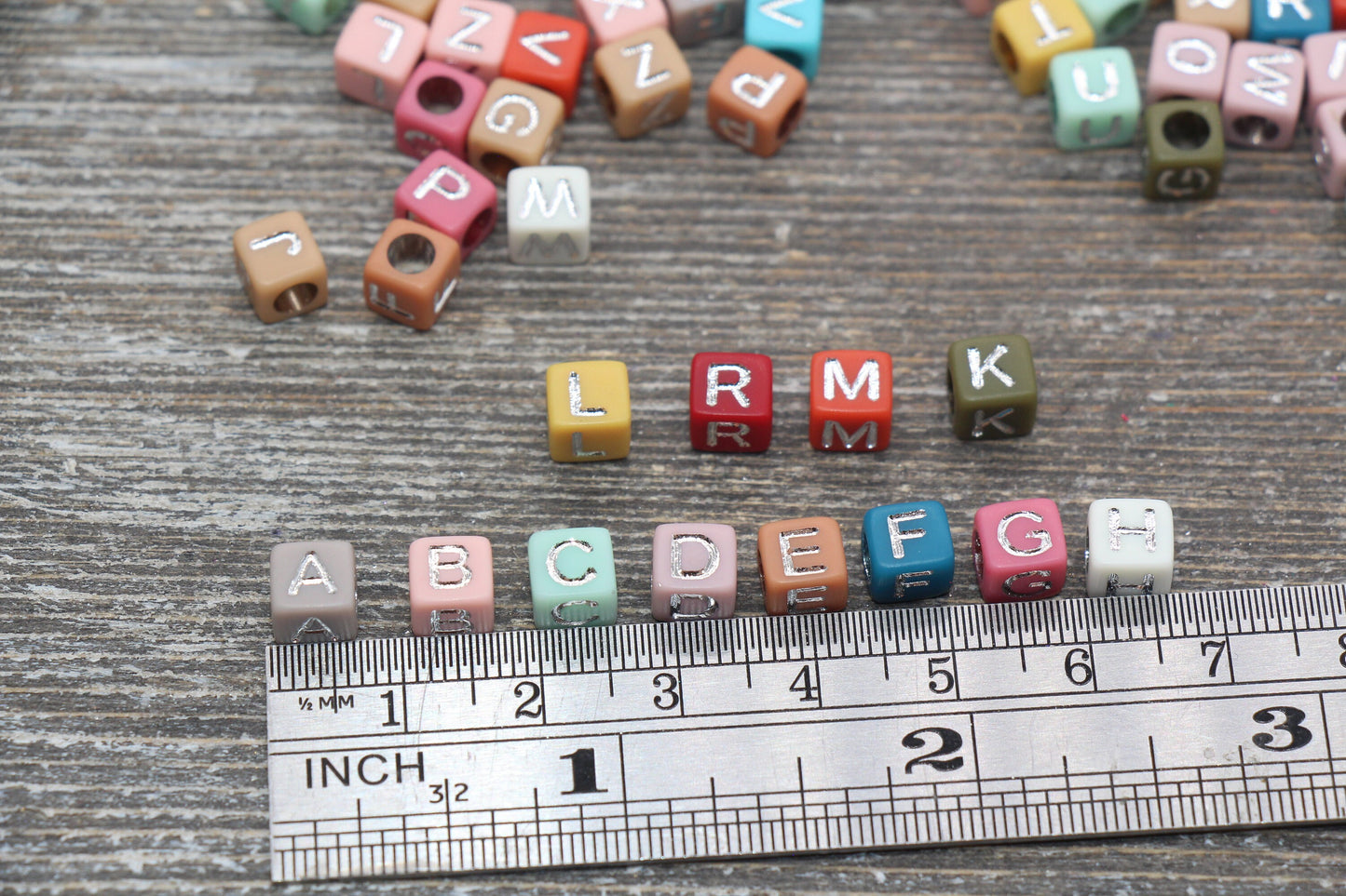 NEW COLOR! Multicolor Cube Alphabet Letter Beads, Multicolored Beads with Silver Letters, Acrylic Square Name Beads, Size 6mm #205