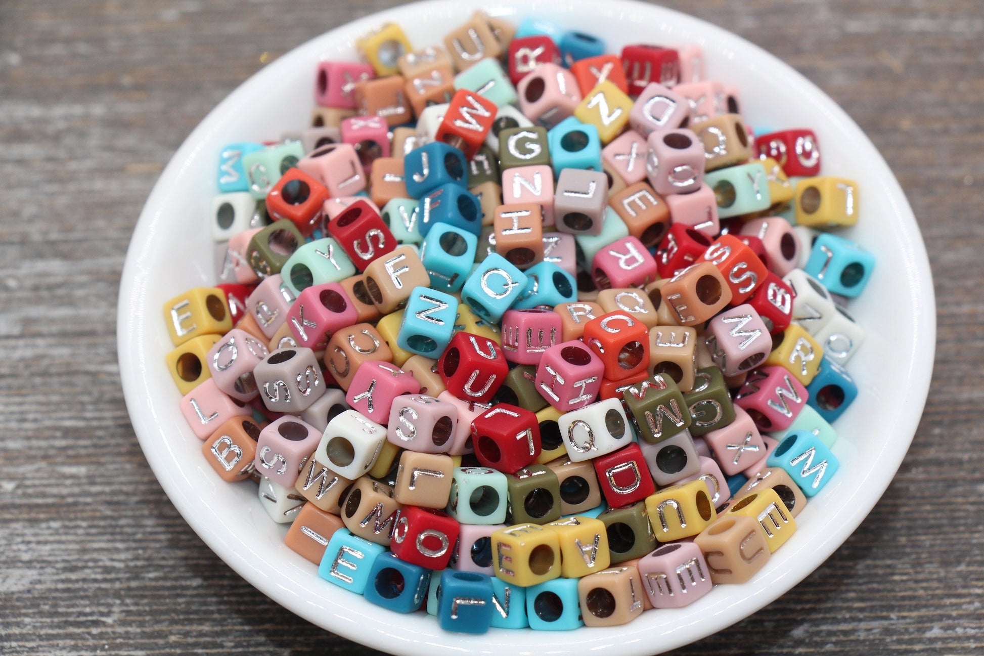 NEW COLOR! Multicolor Cube Alphabet Letter Beads, Multicolored Beads with Silver Letters, Acrylic Square Name Beads, Size 6mm #205