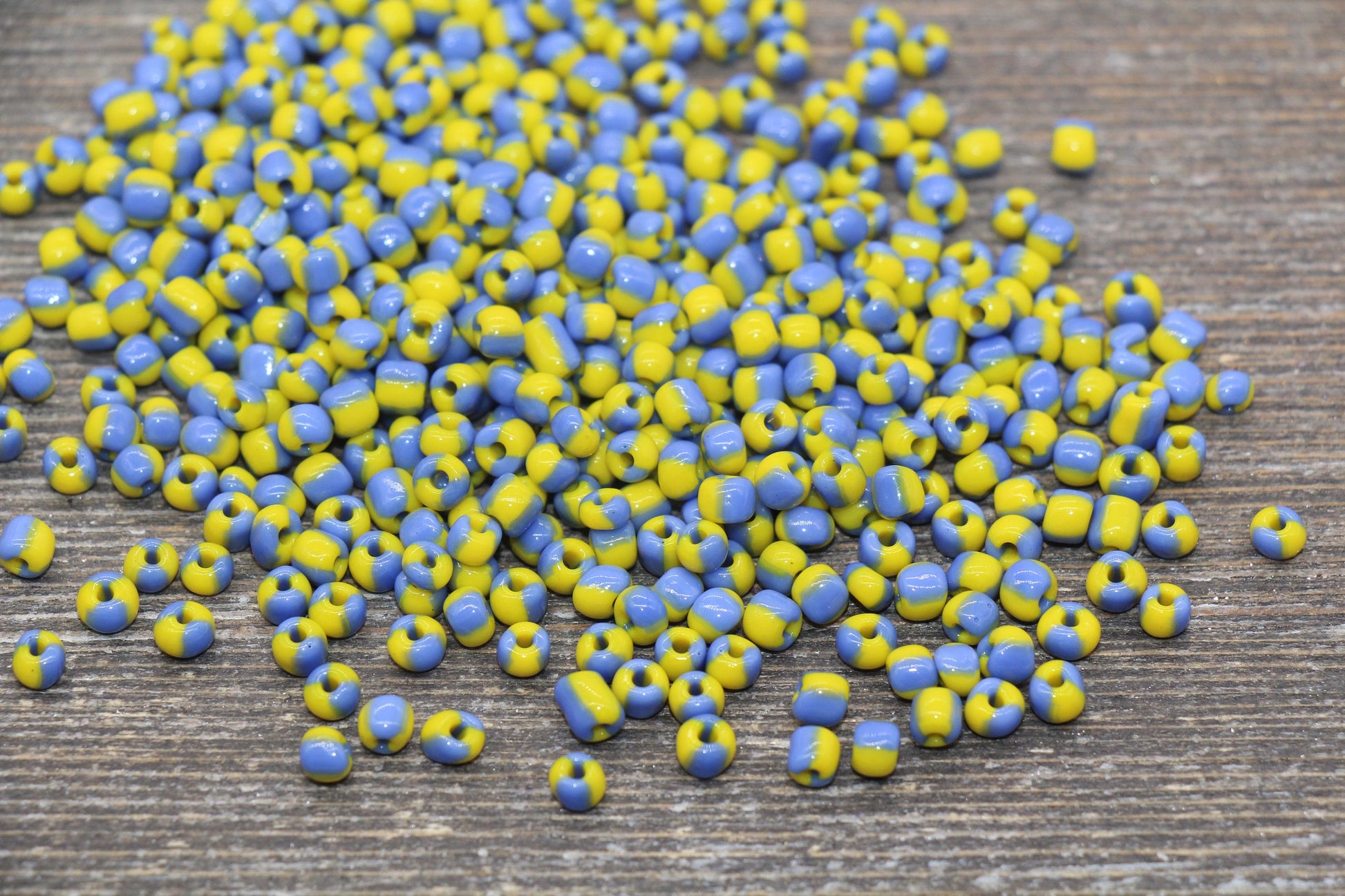 Striped Glass Seed Beads, 4mm 6/0 Glass Round Seed Beads, Yellow and Blue Striped Glass Seed Beads, Rocailles Beads, Beading Supplies #2340