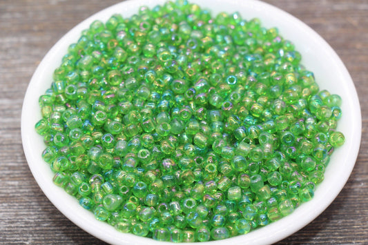 Green Transparent AB Glass Seed Beads, 4mm 6/0 Glass Round Beads, Rainbow Trans Seed Beads, Rocailles Beads, Beading Supplies #2253