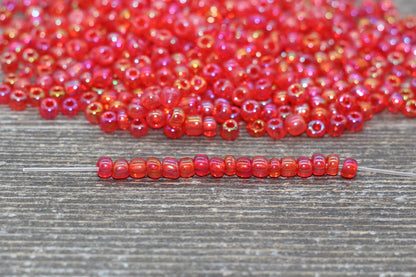 Transparent Iridescent Glass Seed Beads, 4mm 6/0 Glass Round Seed Beads, Red AB Trans Seed Beads, Rocailles Beads, Beading Supplies #1146