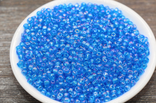 Transparent Iridescent Glass Seed Beads, 4mm 6/0 Glass Round Seed Beads, Blue AB Trans Seed Beads, Rocailles Beads, Beading Supplies #2255