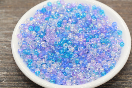 Transparent AB Glass Seed Beads, 4mm 6/0 Glass Beads, Blue, Lilac, and White Iridescent Seed Beads, Rocailles Beads, Beading Supply #2291