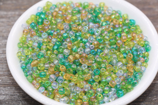 Transparent AB Glass Seed Beads, 4mm 6/0 Glass Beads, Green, Blue, and Orange Iridescent Seed Beads, Rocailles Beads, Beading Supply #2292