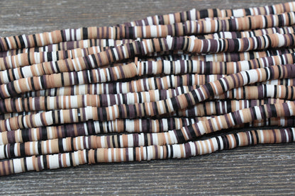 6mm Multicolored Polymer Clay Disc Beads, Brown, White and Black Mixed Heishi Beads, African Disc Beads, Vinyl Heishi, 16 inch Strand #25