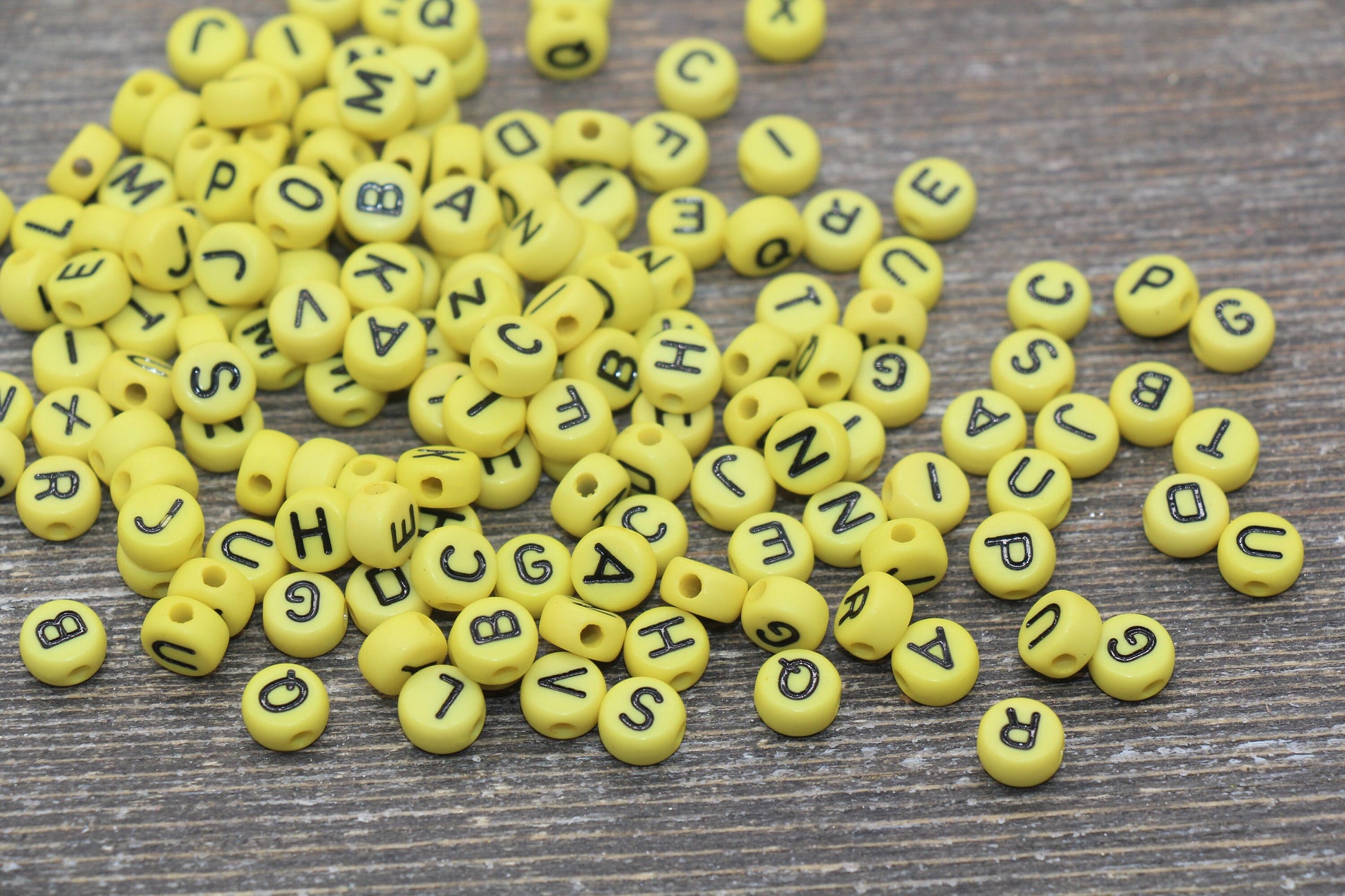 Yellow Alphabet Letter Beads, Acrylic Yellow and Black Letters Beads, Round Acrylic Beads, ABC Letter Beads, Name Beads 7mm #11