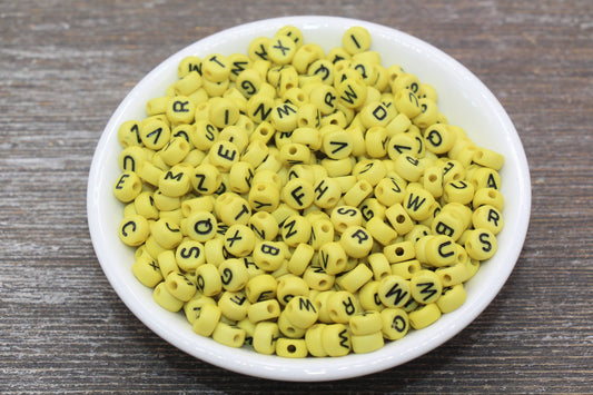 Yellow Alphabet Letter Beads, Acrylic Yellow and Black Letters Beads, Round Acrylic Beads, ABC Letter Beads, Name Beads 7mm #11
