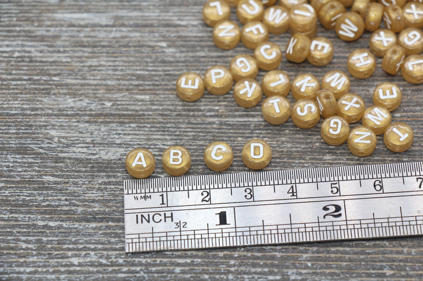 Alphabet Letter Beads, Round Letter Beads, Gold Beads with White Lettering, Acrylic Round Name Beads, Size 7mm #72