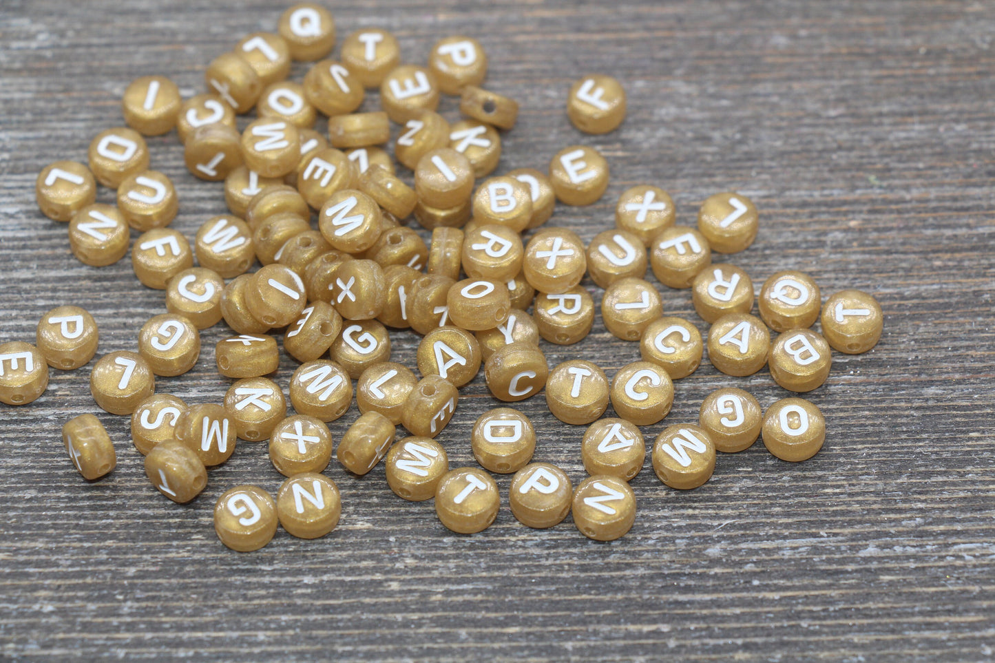 Alphabet Letter Beads, Round Letter Beads, Gold Beads with White Lettering, Acrylic Round Name Beads, Size 7mm #72