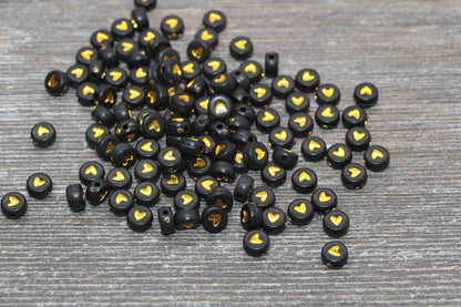 Gold Heart Beads, Acrylic Black Beads with Gold Hearts, Round Plastic Heart Beads, Acrylic Symbol Beads, Heart Beads, Size 7mm #37