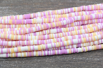 6mm Multicolor Heishi Beads, Lilac, Yellow, and White Mix Polymer Clay Disc Beads, African Disc Beads, Vinyl Heishi, 16 inch Strand #194