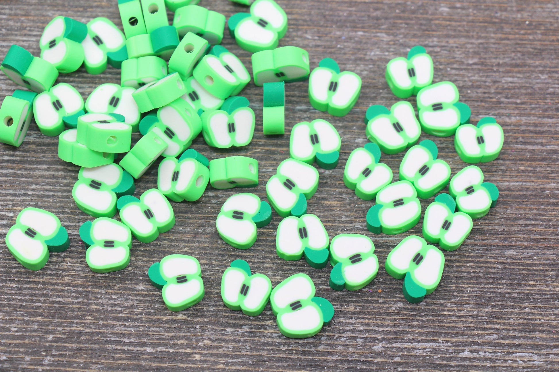 Green Apple Polymer Clay Beads, Fruit Cane Beads, Apple Clay Beads, Sliced Apple Beads, Fruit Clay Beads, Jewelry Beads #85