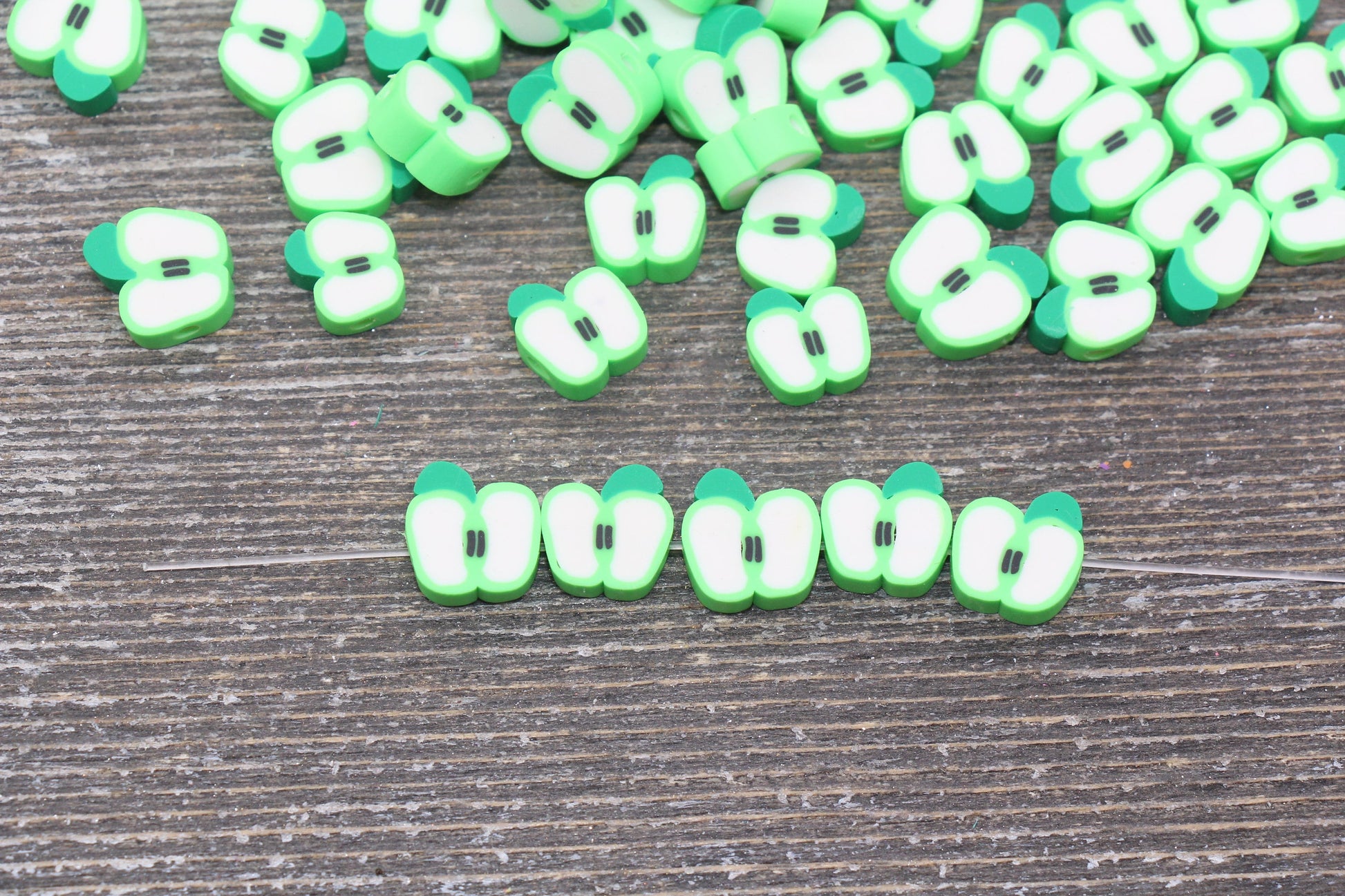 Green Apple Polymer Clay Beads, Fruit Cane Beads, Apple Clay Beads, Sliced Apple Beads, Fruit Clay Beads, Jewelry Beads #85